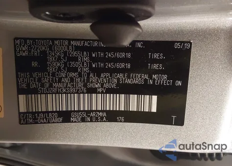 2019 Toyota Highlander Xle из США, поврежденный, VIN 5TDJZRFH3KS997376